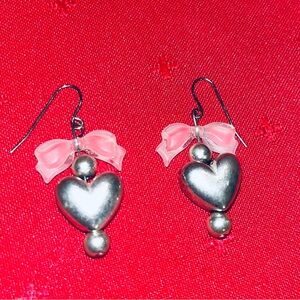 Silver Tone Heart Earrings with Pink Bow